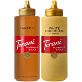Torani Puremade two-pack front view showing caramel and white chocolate bottles for versatile use