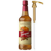 Torani bottle front label showing Puremade Pumpkin Spice syrup and size for clear product ID and appeal