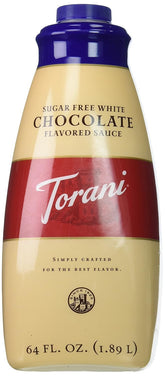 Torani bottle front packaging showing white chocolate label and large 64 fl oz size benefit