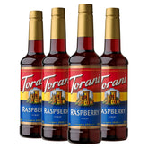 Torani bottle front packaging showing raspberry syrup for versatile drinks