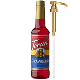Torani bottle front label showing strawberry flavor and pump for easy serving
