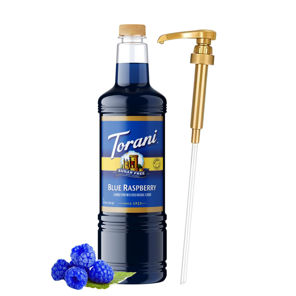 Torani bottle front view showing blue raspberry flavor and large 1L size benefit