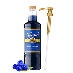 Torani bottle front view showing blue raspberry flavor and large 1L size benefit