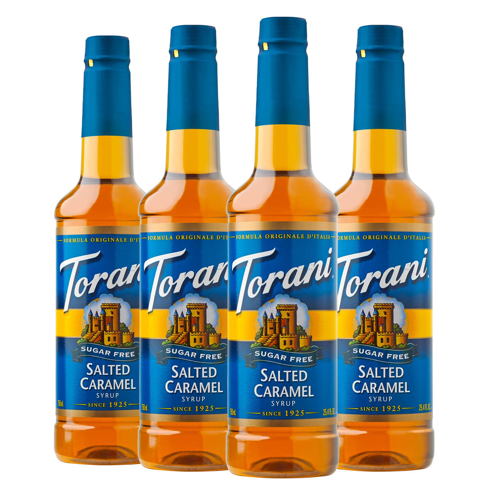 Torani sugar free salted caramel front packaging showing bottle and label benefit convenience