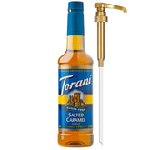 Torani bottle front packaging showing salted caramel flavor and pump benefit