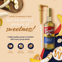 Close-up of Torani Crème de Banana syrup texture, shows smooth viscosity for easy mixing