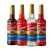 Torani front packaging showing four soda shop variety bottles and flavor variety benefit