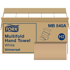 tork front packaging shows multifold towel packs and clear branding benefits storage