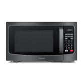 TOSHIBA front view of microwave showing black stainless finish and compact size benefit