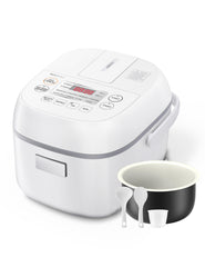 TOSHIBA front view showing compact white cooker and lid, ideal for small kitchens