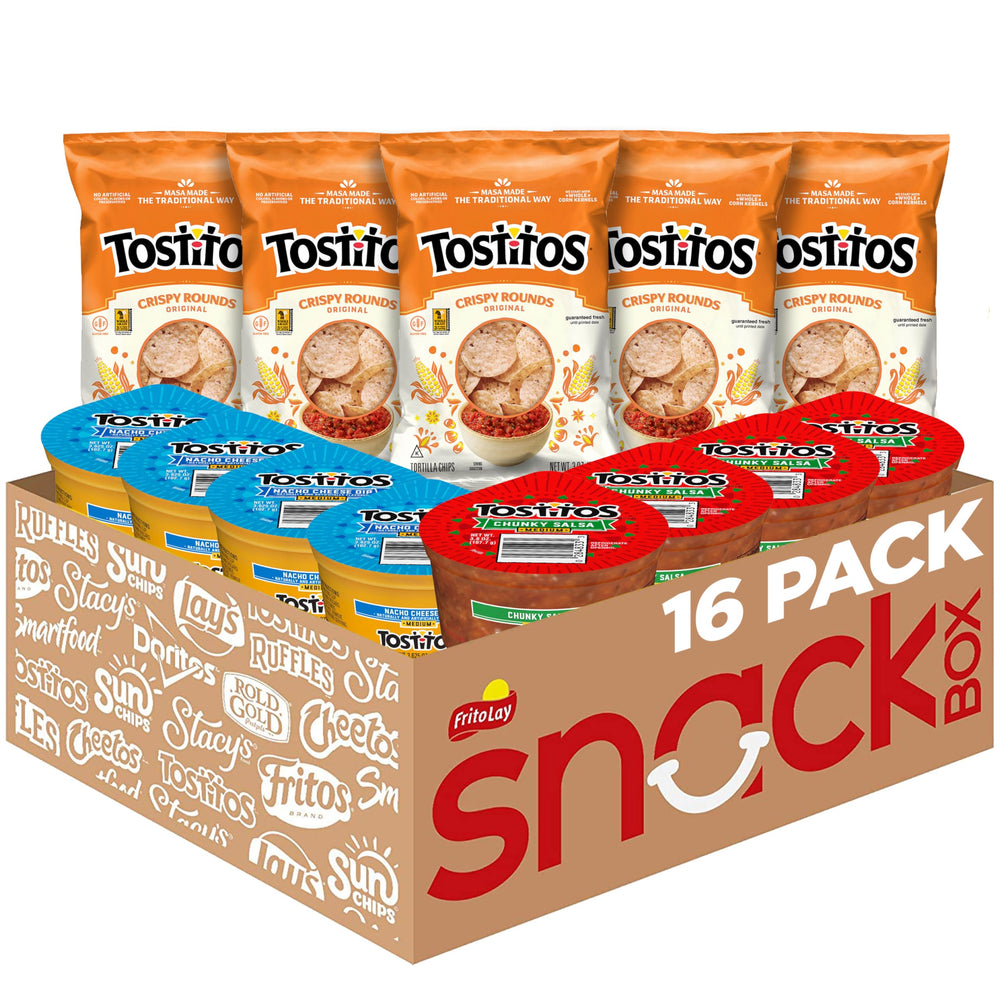 Tostitos front packaging showing chip and dip set, convenient grab-and-go snack