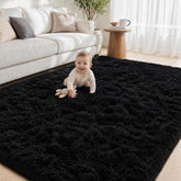 Tosuoka front view black shag rug showing plush surface and modern style