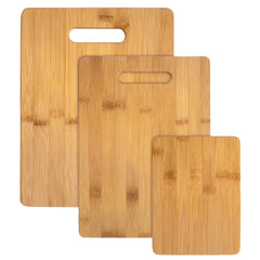 Totally Bamboo front view showing three reversible bamboo boards and tidy packaging benefit