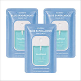 Touchland front packaging of Blue Sandalwood 3-pack showing compact travel bottles and fragrance