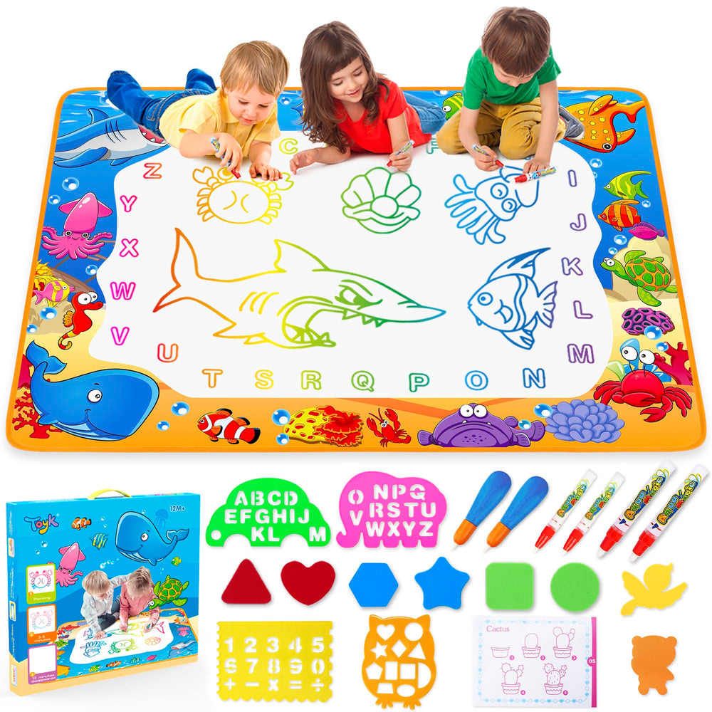 Toyk front view of mat showing ocean pattern and clear drawing area benefiting creative play