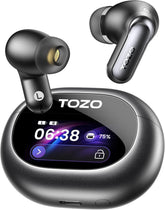 TOZO NC20 Pro front view showing earbuds and case, high-detail display benefit