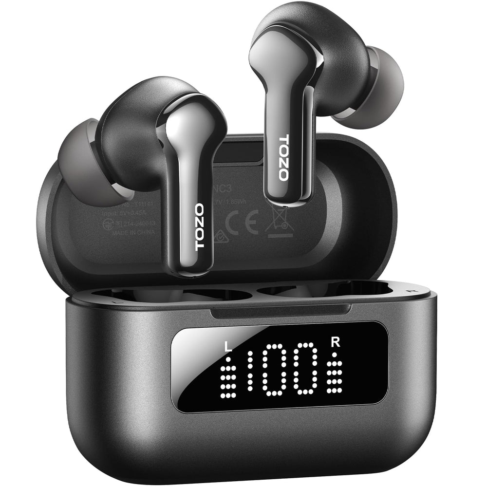 TOZO NC3 front view with case open showing earbuds and fast pairing benefit