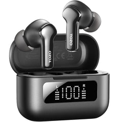 TOZO NC3 front view with case open showing earbuds and fast pairing benefit