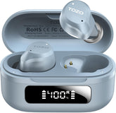 TOZO NC9 front view with open case and LED battery display, clear battery info