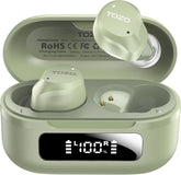 TOZO NC9 front view with open case showing earbuds and LED display for quick battery check