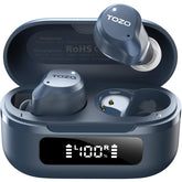 TOZO NC9 front view with open case showing earbuds and LED battery display benefit of quick status check