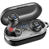 TOZO T10 front view showing case and earbuds, benefit long battery life