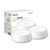TP‑Link Deco 7 BE23 three units front view showing compact design and fast Wi‑Fi