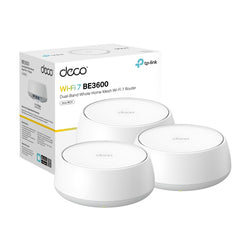 TP‑Link Deco 7 BE23 three units front view showing compact design and fast Wi‑Fi