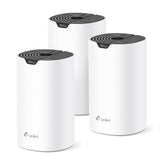 TP-Link Deco S4 three-pack front view showing compact design and whole-home benefit