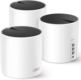 TP‑Link Deco X55 three units front view showing compact design and consistent coverage