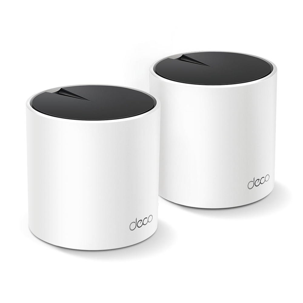 TP‑Link Deco X55 front view showing two units and clear coverage advantage