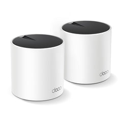 TP‑Link Deco X55 front view showing two units and clear coverage advantage