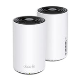 TP-Link Deco XE75 front view showing two units and coverage benefit