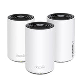 TP‑Link Deco XE75 three‑pack front view showing coverage and sleek design benefits