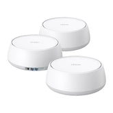 TP‑Link Deco 7 front view showing compact mesh units and modern design benefit: seamless coverage