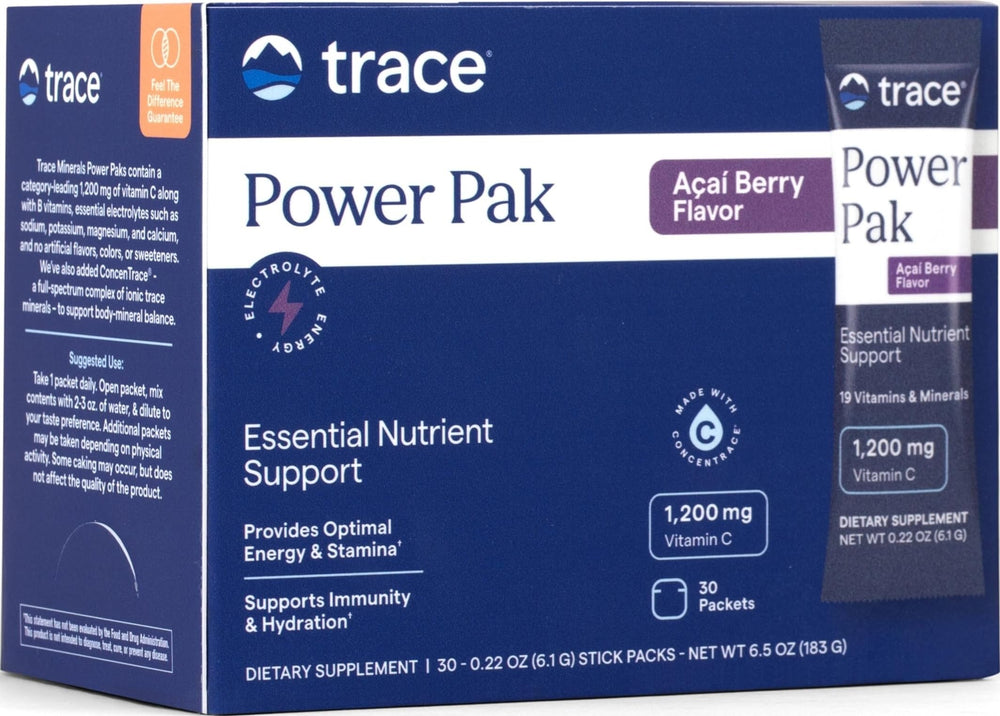 Trace Minerals front box showing Acai Berry flavor and 30 packets for convenient hydration