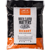 Traeger front of 18 lb hickory pellet bag showing branding and product benefits