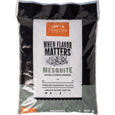 Traeger front packaging showing 18 lb bag and bold mesquite benefit