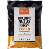 Traeger pecan pellet bag front view showing brand and weight for reliable storage