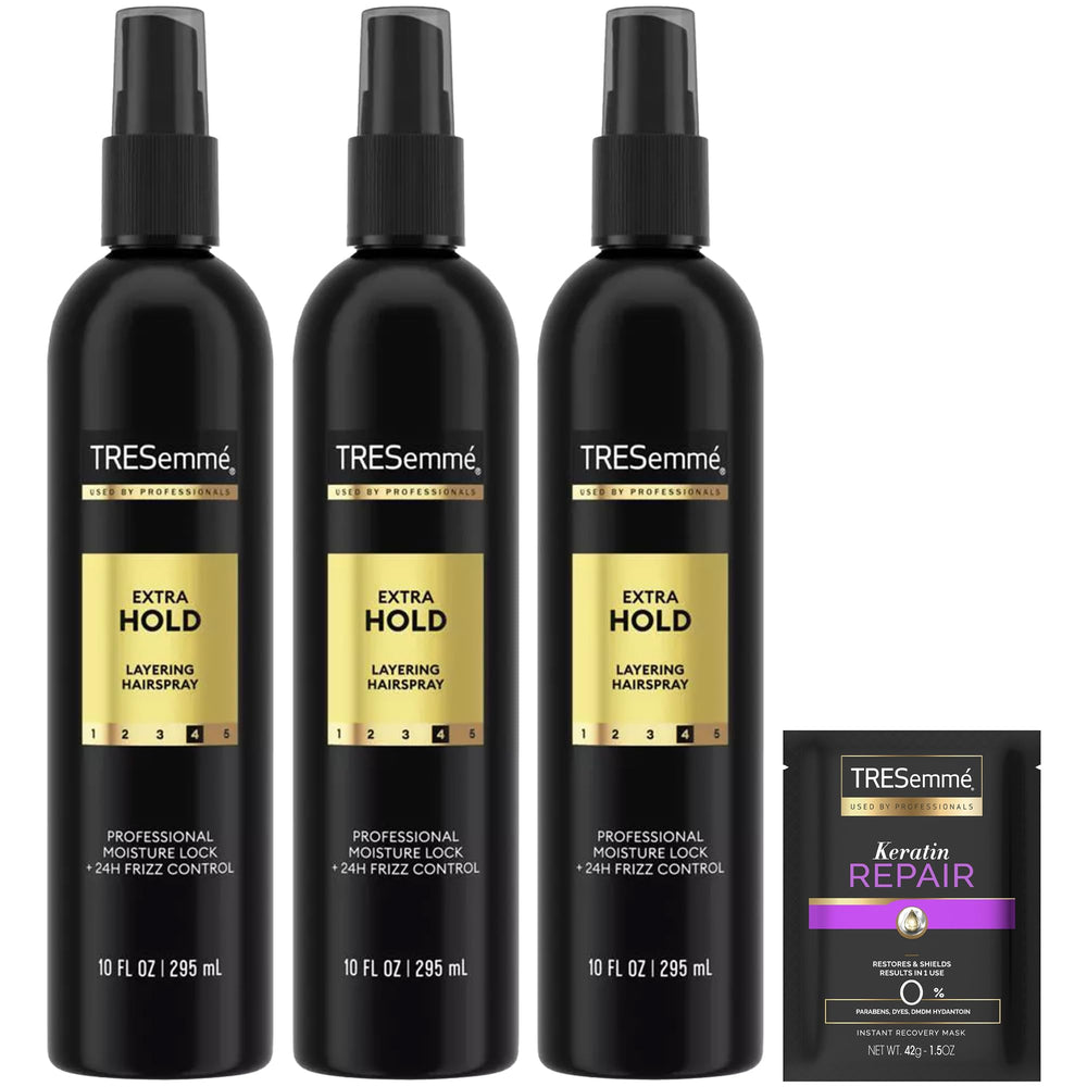 TRESemmé front packaging showing three bottles and travel size for dependable styling