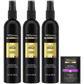 TRESemmé front packaging showing three bottles and travel size for dependable styling