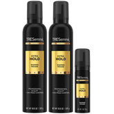 TRESemmé front packaging showing two full-size cans and travel size for quick styling