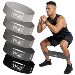 Tribe Lifting front view of five fabric resistance bands showing colors and range