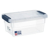 Tribello front view of clear 15 quart bin showing visibility and neat storage