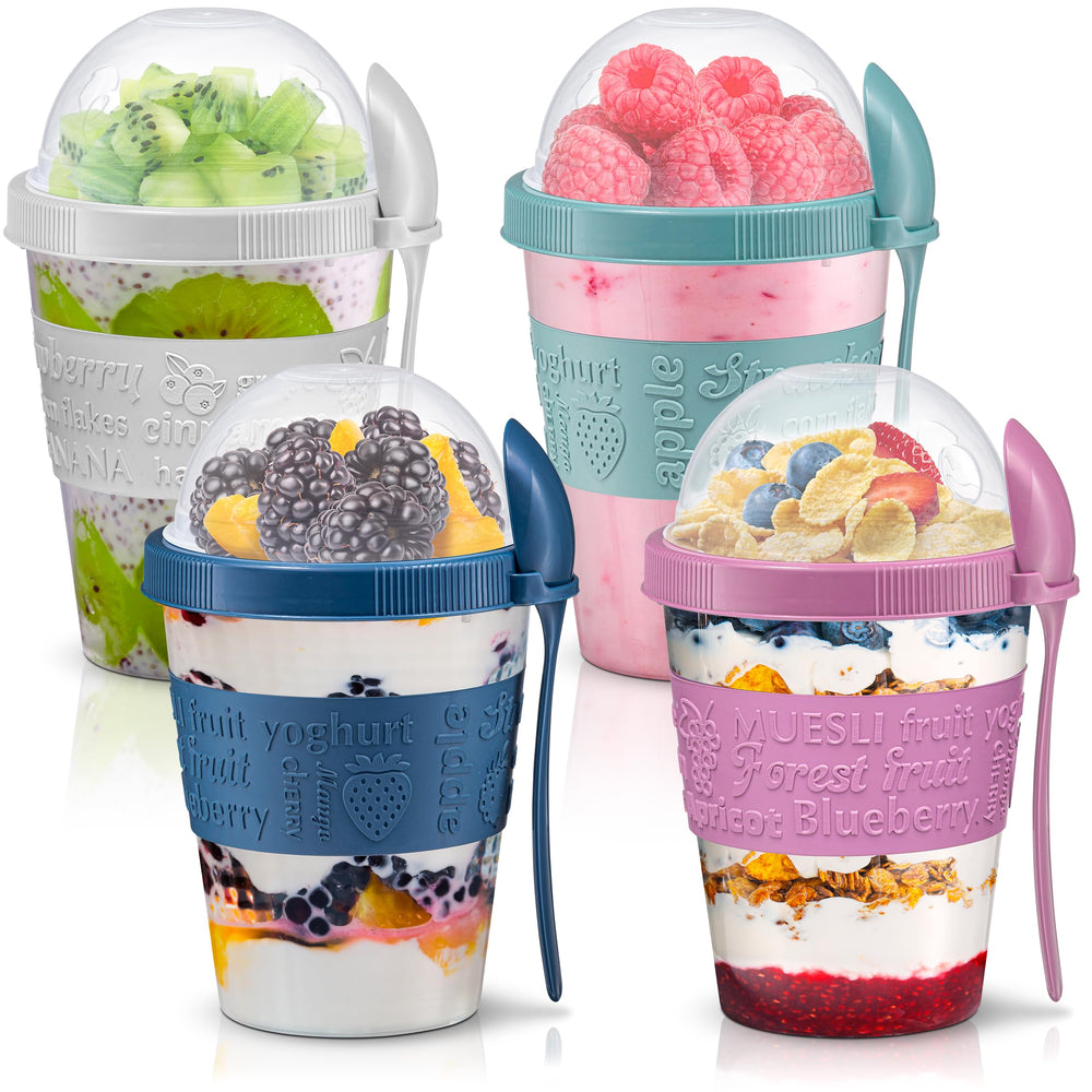 Tribello front view of four colorful parfait cups showing lids and spoons, convenient transport