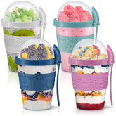 Tribello front view of four colorful parfait cups showing lids and spoons, convenient transport
