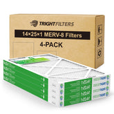 TRIGHTFILTERS front view of 14x25x1 four-pack showing packaging and benefits