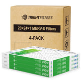 TRIGHTFILTERS front view of 20x24x1 four-pack showing packaging and benefits