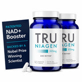 TRU NIAGEN front packaging showing twin bottles and label benefits
