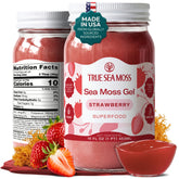TrueSeaMoss jar front showing strawberry sea moss gel and branding benefit ready-to-use